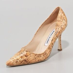 MANOLO BLAHNIK Nude Cork 3” Heels Pumps 39.5 9.5 Leather Neutral Pointed Toe